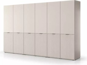 Szafa 300 cm sześciodrzwiowa Dickson 3 z ryflowanymi frontami kaszmir - nowoczesna szafa do sypialni z 18 półkami i 6 drążkami