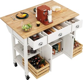 Mobilna wyspa kuchenna z 3 szufladami, 2 drzwiami i koszem do przechowywania - rozkładany blat - 120 x 45/73 x 90 cm - drewno MDF - biały
