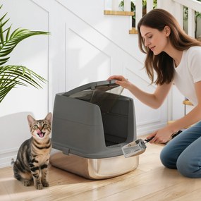 PawHut Duża kuweta dla kota ze stali nierdzewnej, zamknięta taca na żwirek z metalową łopatką i woreczkiem dezodorującym, ciemnoszara | Aosom PL