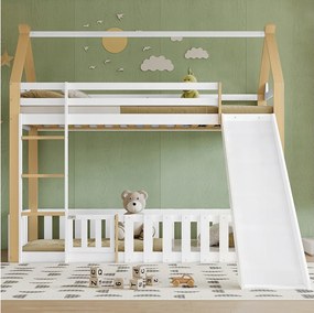 Łóżko piętrowe dla dzieci 90x200 cm ze zjeżdżalnią i barierkami ochronnymi, białe i naturalne – bez materaca