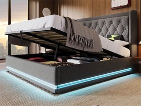 Łóżko tapicerowane 140 x 200 cm z tkaniny bawełnianej - z funkcją ładowania i LED u stóp łóżka - Szare