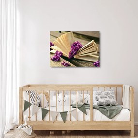 Obraz na szkle - książka i fioletowe kwiaty (70x50 cm)