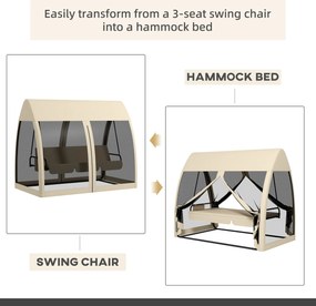 Outsunny 3-osobowa Huśtawka Tarasowa, Huśtawka Werandowa z Funkcją Leżanki, Huśtawka Ogrodowa z Siatką Moskitierą i Stalową Ramą, Kawa