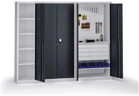 Szafa warsztatowa, 4 półki + 4 szuflady, 1950 × 950 × 500 mm, grafitowe drzwi