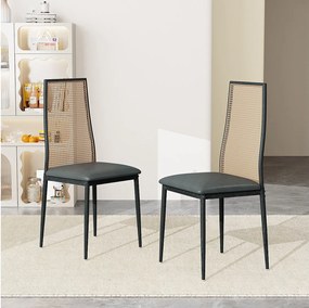 Zestaw 2 designerskich krzeseł do jadalni, skóra ekologiczna, oparcie rattanowe, nogi metalowe, kolor czarny 97,5x44x43 cm