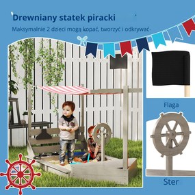 Outsunny Piaskownica Piracki Statek z Daszkiem i Zestawem Kuchennym dla Dzieci, Drewno, 180 x 103 x 144,5 cm, Szara