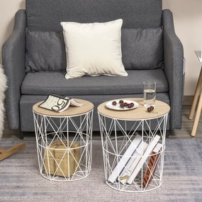 HOMCOM zestaw 2 stolików bocznych, stolików gniazdowych, schowka, kosza metalowego