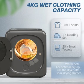 HOMCOM Suszarka do Ubrań z Dezynfekcją UV, Kompaktowa Budowa, 4 kg Pojemności, Stal Nierdzewna, Szary