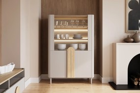 Witryna Amilio 100 cm dwudrzwiowa na nóżkach - kaszmir / dąb olejowany / uchwyty dąb jasny