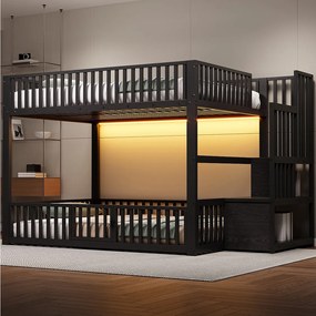 Łóżko piętrowe dla dzieci - 2 x 140 x 200 cm - z drabinką + diody LED - MDF + metal - czarne
