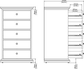 Wąska komoda Paris z 5 szufladami, kolor szary