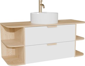 Wisząca szafka łazienkowa z wnękami, nablatową umywalką okrągłą i baterią – Biały i jasny naturalny – szer. 120 cm – AVORELI