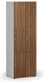 Drewniana szafka skrytkowa S4, 6 schowków, demontaż, zamek cylindryczny, szary/orzech