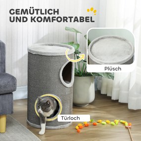 PawHut Tuba do drapania, 60 cm wysokości Ø 35 cm dwupiętrowa kocia tuba z 2 jaskiniami, pluszowy rant, dla 1-2 kotów do 5 kg, Jasnoszary | Aosom PL