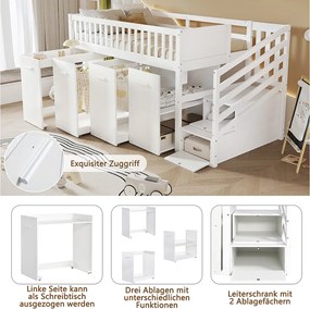 Wielofunkcyjne łóżko piętrowe dla dzieci - 90 x 200 cm - z biurkiem/szafą - 2 szafki w schodach - sosna + MDF - białe