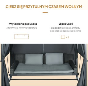 Outsunny Łóżko huśtawkowe ogrodowe z rattanu z baldachimem i poduszkami szare odporne na pogodę | Aosom PL