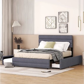 Łóżko wysuwane 140x200 cm - Łóżko małżeńskie z 2 szufladami i regulowanym zagłówkiem - len szary - materac nie jest wliczony w cenę
