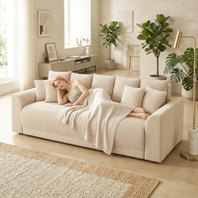 HOMCOM Sofa rozkładana 190x150 cm 3-osobowa z funkcją spania, poduszki, schowek, wygląd sztruksu do salonu, beżowa | Aosom PL