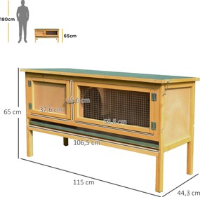 PawHut Domek dla królików z drewna z otwieranym dachem, 2 drzwiami, wysuwaną podstawą, 115x44,3x65 cm Jasnożółty | Aosom PL