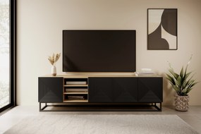 Szafka RTV Asha 200 cm ryflowana z wnęką i metalowym stelażem - artisan / czarny mat