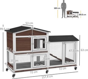 PawHut Domek dla małych zwierząt na kółkach, domek dla królików miniaturowych, wybieg, dach bitumiczny, domek dla małych zwierząt, wybieg dla królików miniaturowych, drewno, stal, brązowy | Aosom PL