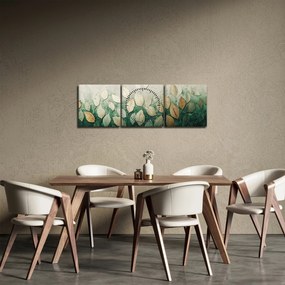 Obraz - Złoto-zielone liście (z zegarem) (90x30 cm)