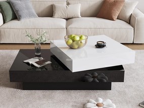 Nowoczesny minimalistyczny błyszczący stolik kawowy 103 x 60 x 35.5 cm - Obrotowy blat - Otwarta półka - Czarno-biały