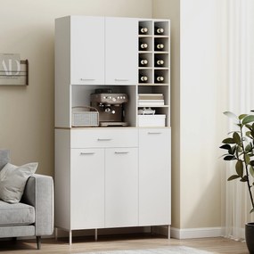 HOMCOM Szafka kuchenna z otwartymi regałami, przegródkami, stojak na wino, schowek z 5 drzwiami, MDF, Biały