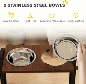 PawHut Podwyższana miska dla psa z 4 regulacjami wysokości, miska z stojakiem, 2 x 1,2 L miski ze stali nierdzewnej, 3 regulowane kąty, Brązowy | Aosom PL