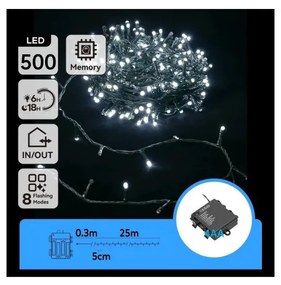 Aigostar - Zewnętrzne lampki świąteczne LED, 500 diod LED, 8 funkcji, zasilanie 4xAA, długość 25,3 m, zimne białe światło