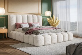 Łóżko tapicerowane 160x200 Madeno - gruba pianka, pojemnik, stelaż metalowy - tkanina boucle, kremowy (Catch Me 1)