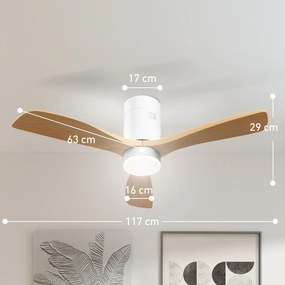 HOMCOM Sufitowy wentylator z oświetleniem LED, 6 prędkości, pilot, jasnobrązowy