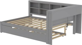 Łóżko wysuwane 140 x 200 cm + 90 x 190 cm z portem USB i regałem na książki - Drewno lite - Szary (bez materaca)