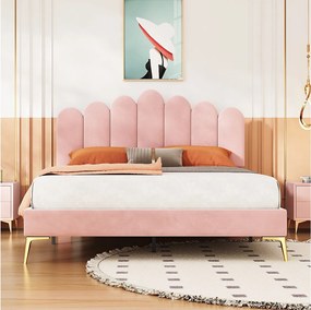 Łóżko tapicerowane 140 x 200 cm z wezgłowiem - Aksamit - Nogi metalowe - Stelaż listwowy - Różowy