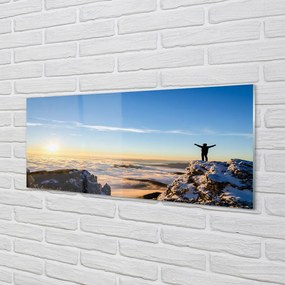 Szkło do Kuchni na Ścianę Człowiek w Górach o Wschodzie Słońca