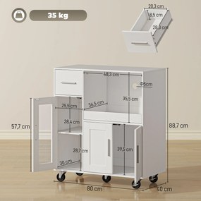 HOMCOM Szafka kuchenna na kółkach, mobilna komoda kuchenna z półkami, szufladami, regulowaną półką, otworem na kabel, biały