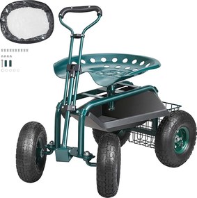 Siedzisko Ogrodowe na Kółkach, SucceBuy Wózek Ogrodowy na Kółkach z Siedziskiem, Kółkami, Wysuwaną Rączką, Zielony