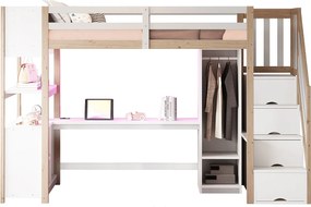 Łóżko na antresoli 90×200 cm - z szafą i biurkiem - drabina z miejscem do przechowywania - z gniazdkami i oświetleniem LED - Naturalny