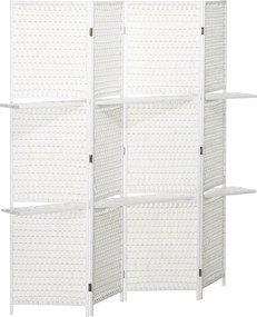 HOMCOM Parawan 4-częściowy 181 x 180 cm, Składany, z 2 półkami wykonany z drewna sosnowego i bambusa, do sypialni, biały | Aosom PL