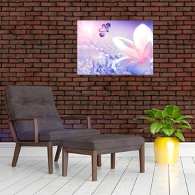 Obraz na szkle - Motyl lecący do kwiatu (70x50 cm)