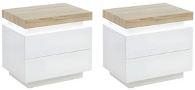 Zestaw 2 szafek nocnych - 2 szuflady - Lakierowana płyta MDF - Z oświetleniem LED - Biały i dąb - HALO II