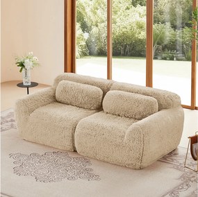 Modułowa Sofa 2-osobowa w tkaninie pluszowej, z 2 poduszkami, siedzenie ekstra głębokie 75cm, 204x104x73cm, Khaki