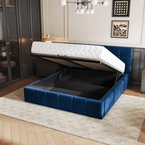 Masseno Łóżko Tapicerowane VERTO z pojemnikiem na pościel 200x200 cm - Niebieski, KRONOS 09