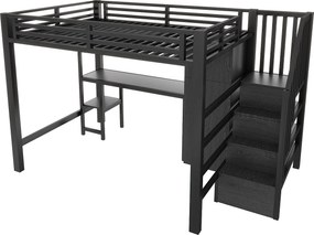 Łóżko mezzanine metalowe 140x200 cm - z biurkiem i szafą - schody z miejscem do przechowywania - z oświetleniem LED - Czarny