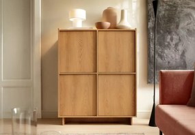 Komoda Vabres dąb karmel 98 cm 4 drzwi push to open nowoczesna laminowana stojąca skandynawska 16 mm ABS