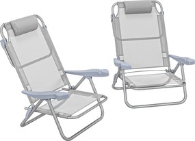 Outsunny Zestaw 2 Krzeseł Campingowych Składanych z 6-stopniową Regulacją Oparcia Siateczkowym Zagłówkiem 62 x 65 x 80 cm Jasnoszary | Aosom PL
