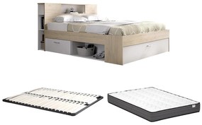 Łóżko ze skrzynią i szufladami - 160 x 200 cm - Kolory: Naturalny i biały + Stelaż + Materac - LEANDRE