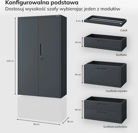 Szafa modułowa metalowa wielofunkcyjna z dwiema szufladami antracytowa MEGAN 1950 x 900 x 400 mm