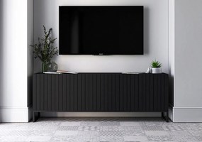 Szafka RTV z 4 drzwiami – Korpus czarny mat, ryflowane fronty czarny mat – 150 cm, czarna metalowa rama