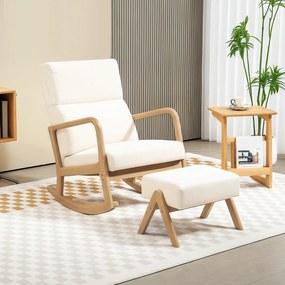 HOMCOM Fotel bujany z podnóżkiem, miękka tapicerka, wygląd lnu, drewniana rama, Kremowy